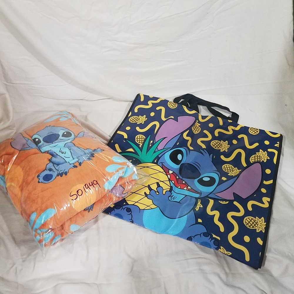 Disney Stitch Fleece Throw Blanket & bag 48x35 Orange Pumpkin Fall Excellent